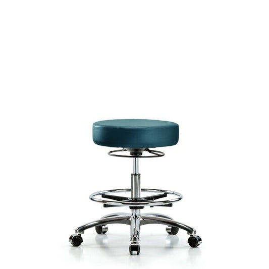 Blue Ridge Ergonomics VMBSO-CR-CF-CC-8801 Rutledge Vinyl Stool without Back Chrome - Medium Bench Height with Chrome Foot Ring & Casters in Marine Blue Supernova™ Vinyl