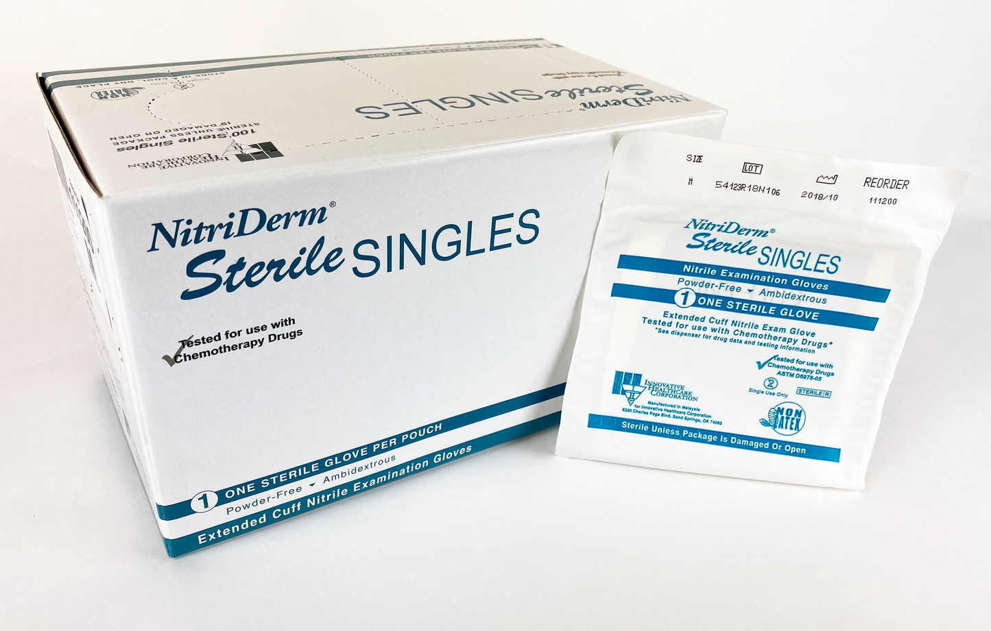 Innovative Healthcare 111100 Nitriderm Nitrile Sterile Singles Exam Gloves – Extended Cuff - S, 100 Gloves/Bx, 4 Bx/Cs