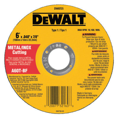 Dewalt DW8725 6"X.040"X7/8" A60T Metalthin Cutoff Wheel Type1