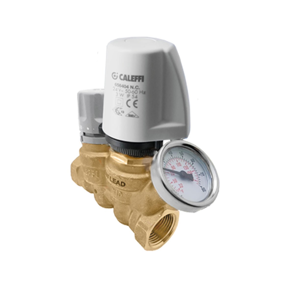 Caleffi 116360A ThermoSetter™Adjustable Thermal Balancing Valve 1" FNPT w/ 656 Actuator mounts w/ Pressue Gauge