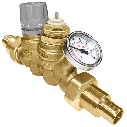 Caleffi 116340AC 007 ThermoSetter™Adjustable Thermal Balancing Valve ½” PEX crimp unions, gauge, actuator dis. cartridge