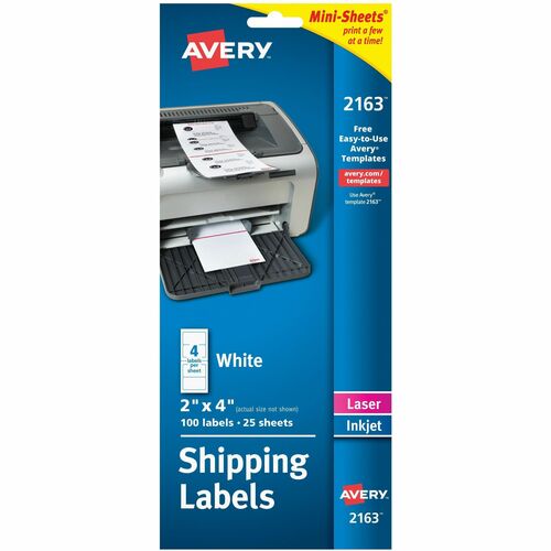 Avery® AVE2163 Mini-Sheet Label - Permanent Adhesive - 2" Width X 4" Length - Rectangle - Laser, Inkjet - Bright White - 100 / Pack