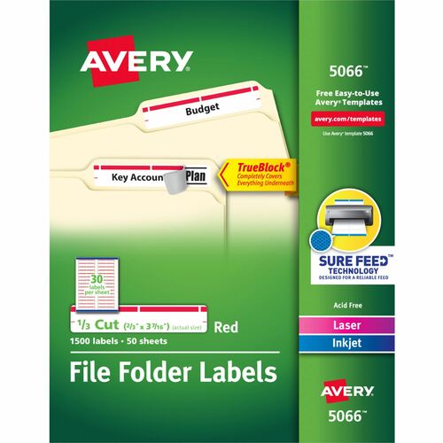 Avery® AVE5066 Filing Label - Permanent Adhesive - 0.66" Width X 3.43" Length - 30 / Sheet - Rectangle - Laser, Inkjet - Red - 1500 / Box