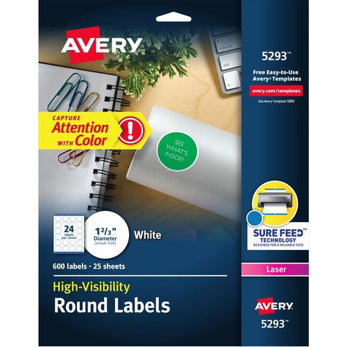 Avery® AVE5293 High Visibility Label - Permanent Adhesive Length - 24 / Sheet - Circle - Laser - White - 600 / Pack