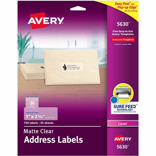 Avery® AVE5630 Easy Peel Mailing Label - Permanent Adhesive - 1" Width X 2.62" Length - 25 / Sheet - Rectangle - Laser, Inkjet - Clear - 750 / Box