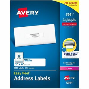 Avery® AVE5961 Easy Peel Mailing Label - 1" Width X 4" Length - Rectangle - Laser - White - 5000 / Box