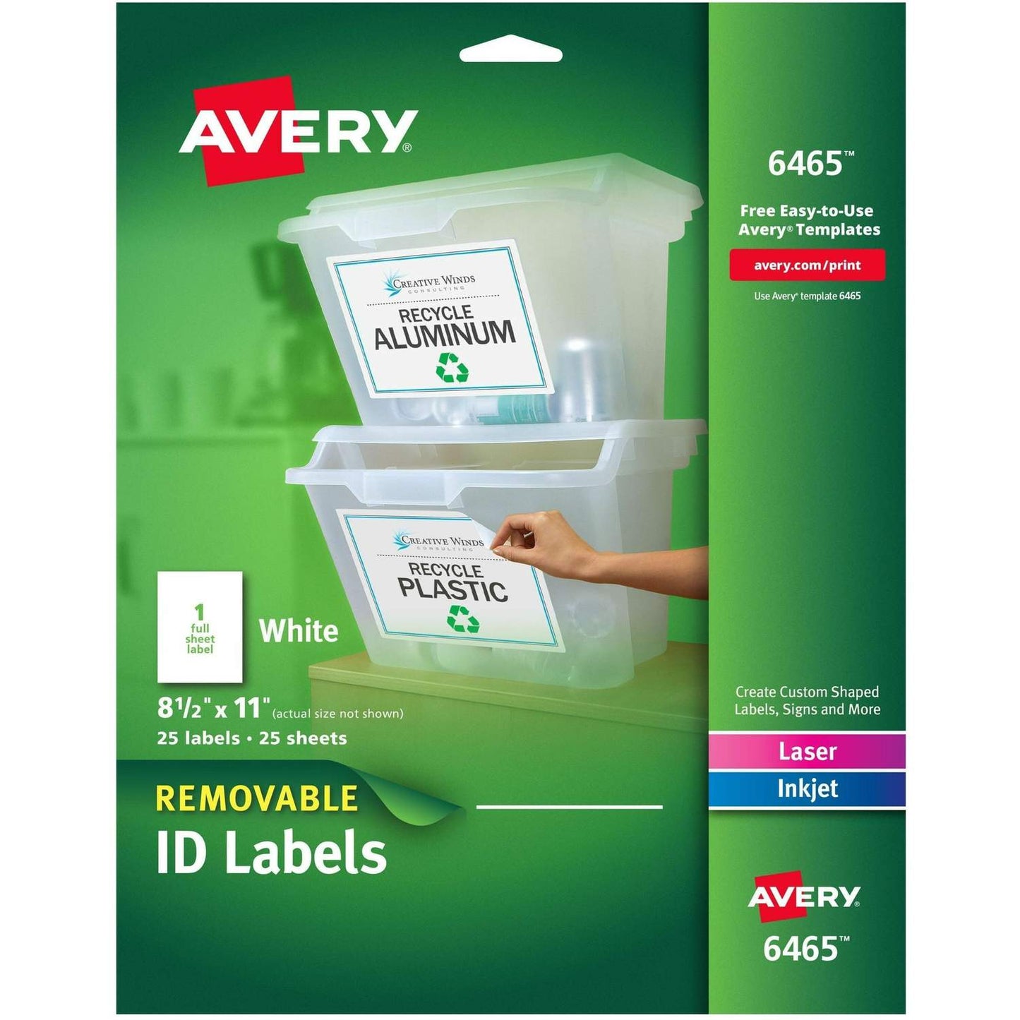 Avery® AVE6465 Removable Label - Removable Adhesive - 8.50" Width X 11" Length - 1 / Sheet - Rectangle - Laser, Inkjet - White - 25 / Pack