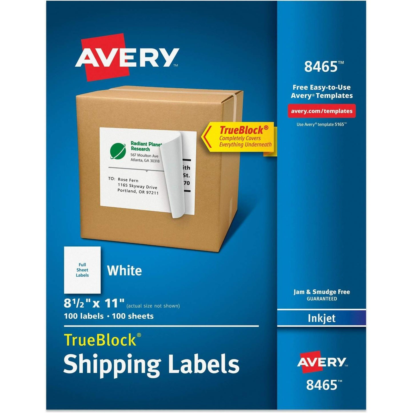 Avery® AVE8465 Mailing Label - Permanent Adhesive - 8.50" Width X 11" Length - 1 / Sheet - Rectangle - Inkjet - White - 100 / Box