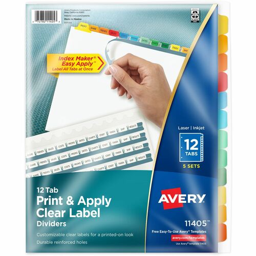 Avery® AVE11405 Index Maker Punched Clear Label Tab Divider - 12 X Divider(S) - Blank Tab(S) - 12 Tab(S)/Set - 8.50" Divider Width X 11" Divider Length - Letter - 3 Hole Punched - Multicolor Tab(S) - 5 / Pack