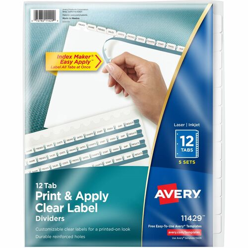 Avery® AVE11429 Index Maker Clear Label Divider - 12 Blank Tab(S) - 12 Tab(S)/Set - 8.50" Divider Width X 11" Divider Length - Letter - 3 Hole Punched - White Divider - White Tab(S) - 60 / Pack