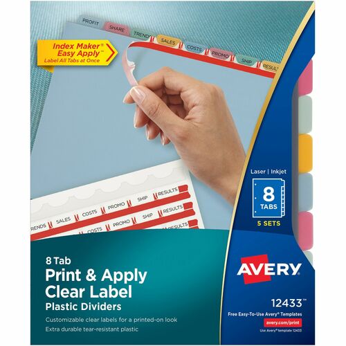 Avery® AVE12433 Index Maker Easy Apply Clear Label Divider - 8 X Divider(S) - Blank Tab(S) - 8 Tab(S)/Set - 8.50" Divider Width X 11" Divider Length - Letter - 3 Hole Punched - Multicolor Plastic Divider - Paper Tab(S) - 5 / Pack