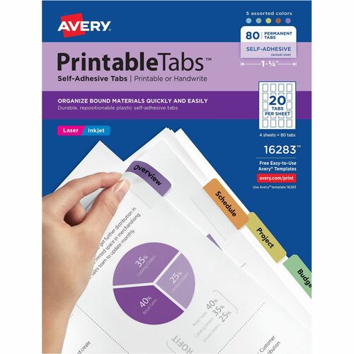Avery® AVE16283 Printable Self-Adhesive Tab - Print-On Tab(S)1.75" Tab Width - Self-Adhesive, Removable - Assorted Tab(S) - 80 / Pack