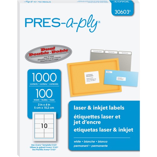 PRES-a-ply AVE30603 Pres-A-Ply Standard Shipping Label - Permanent Adhesive - 2" Width X 4" Length - Rectangle - Laser - White - 1000 / Box