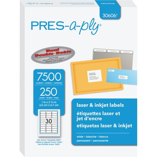 PRES-a-ply AVE30606 Pres-A-Ply Standard Address Label - Permanent Adhesive - 1" Width X 2.62" Length - Rectangle - Laser - White - 7500 / Box