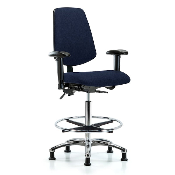 Blue Ridge Ergonomics FHBCH-MB-CR-T0-A1-CF-RG-F45 Rutledge Fabric Chair Chrome - High Bench Height with Medium Back, Adjustable Arms, Chrome Foot Ring, & Stationary Glides in Navy Fabric