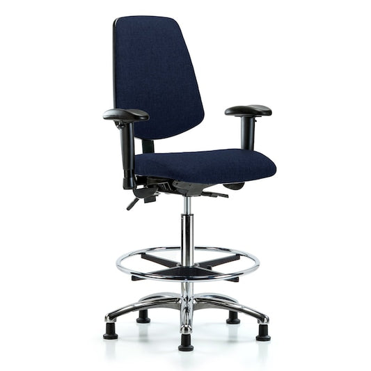 Blue Ridge Ergonomics FHBCH-MB-CR-T0-A1-CF-RG-F45 Rutledge Fabric Chair Chrome - High Bench Height with Medium Back, Adjustable Arms, Chrome Foot Ring, & Stationary Glides in Navy Fabric
