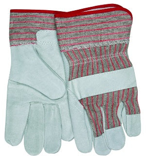 MCR Safety 1200S Economy Split Leather Palm Work Gloves Striped Fabric Back and Cuff 2.5 Inch Starched Safety Cuff (1 DZ)