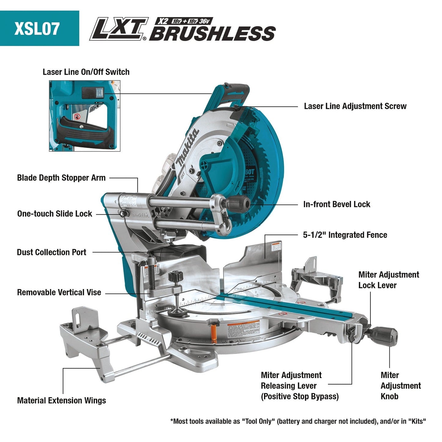 Makita XSL07Z 36V (18V X2) LXT® Brushless 12" Dual‘Bevel Sliding Compound Miter Saw with Laser, Tool Only