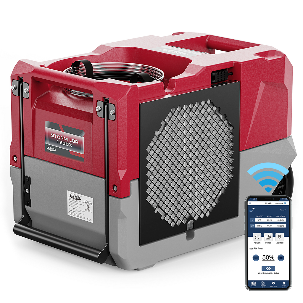 AlorAir Storm LGR 1250X Smart Wi-Fi 264 PPD Industrial Commercial Dehumidifiers with Pump for Basements, Garages, and Job Sites, Red