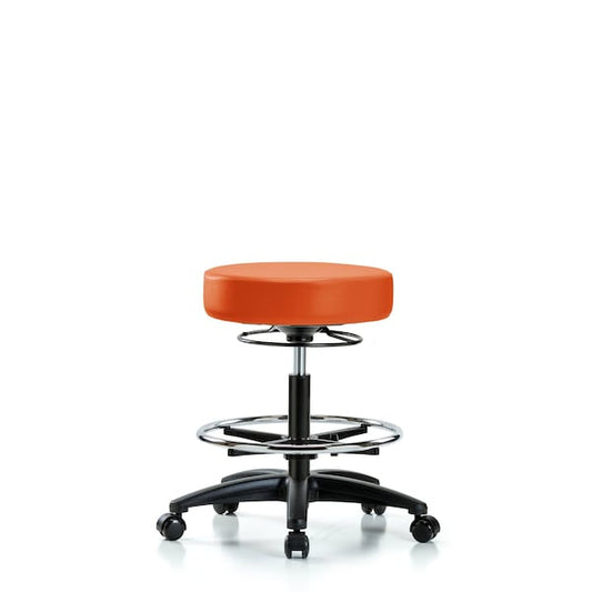 Blue Ridge Ergonomics VHBSO-CR-CF-CC-8613 Rutledge Vinyl Stool without Back Chrome - High Bench Height with Chrome Foot Ring & Casters in Orange Kist Trailblazer™ Vinyl