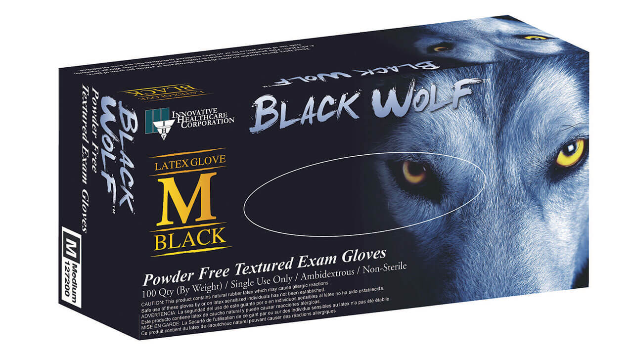 Innovative Healthcare 127300 Black Wolf Latex Exam Gloves - L, 100 Gloves/Bx, 10 Bx/Cs