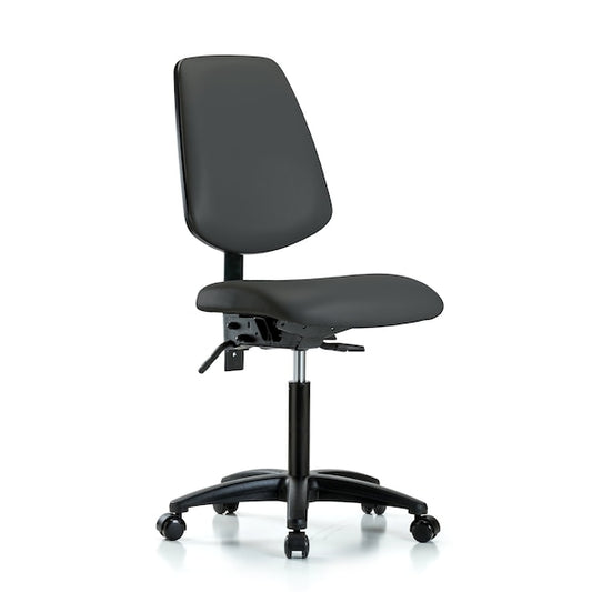 Blue Ridge Ergonomics VMBCH-MB-RG-T1-A0-NF-RC-8605 Rutledge Vinyl Chair - Medium Bench Height with Medium Back, Seat Tilt, & Casters in Charcoal Trailblazer™ Vinyl
