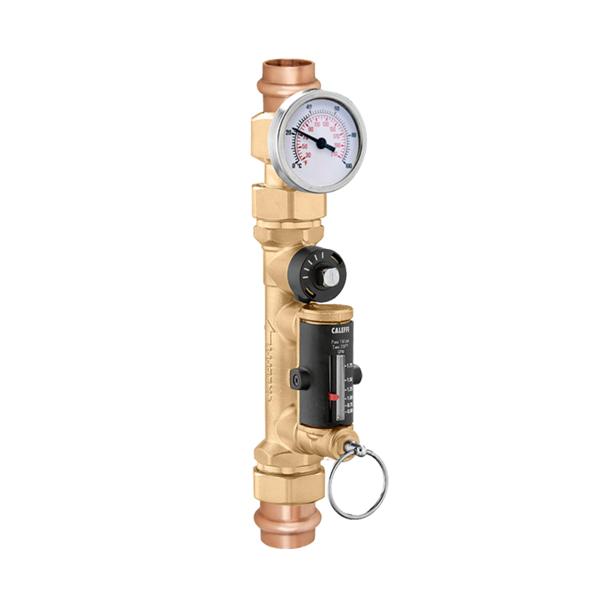 Caleffi 132437AFC QuickSetter+™ Balancing Valve w/ Flowmeter Union, 1/2" Press .5 - 1.8 GPM & Temp Gauge Low Lead