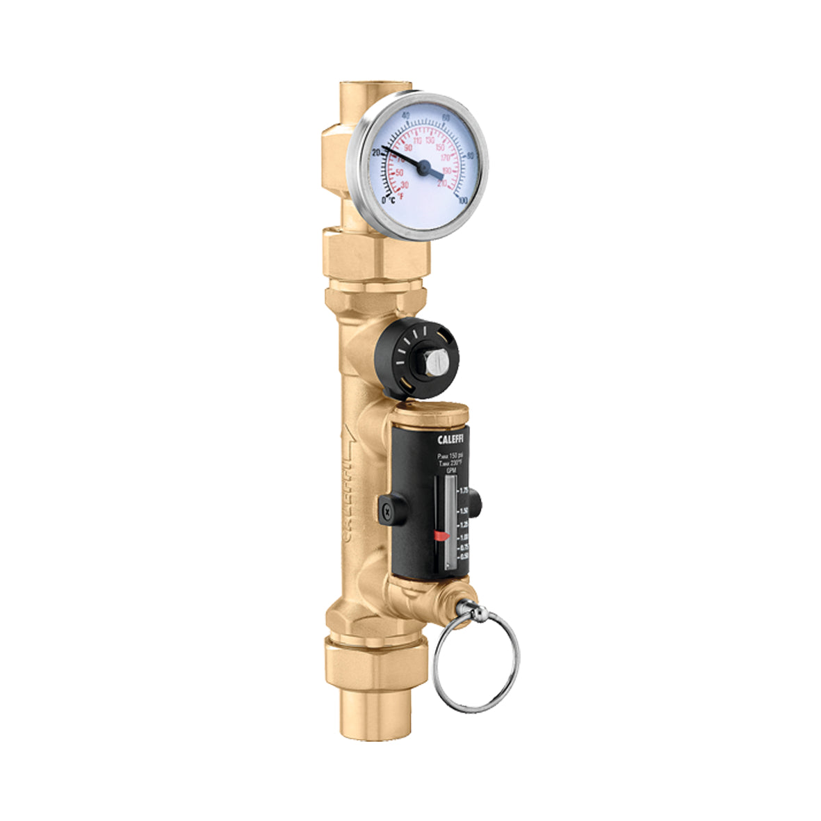 Caleffi 132438AFC QuickSetter+™ Balancing Valve w/ Flowmeter Union, 1/2" Sweat .5 - 1.8 GPM & Temp Gauge Low Lead