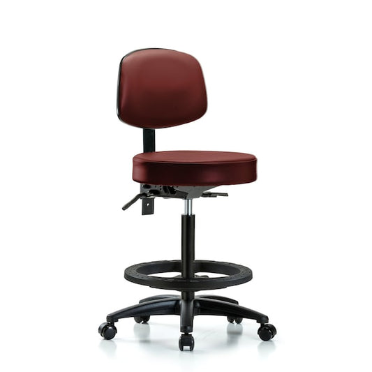 Blue Ridge Ergonomics VHBST-RG-T0-BF-RC-8815 Rutledge Vinyl Stool with Back - High Bench Height with Black Foot Ring & Casters in Borscht Supernova™ Vinyl