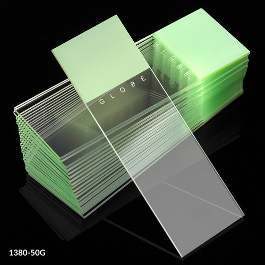 Globe Scientific 1380-50G Microscope Slides Diamond White Glass 25 x 75mm 90° Ground Edges GREEN Frosted 72/Box 20 Boxes/Case (10 Gross)