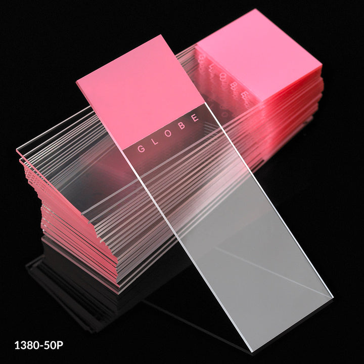 Globe Scientific 1380-50P Microscope Slides Diamond White Glass 25 x 75mm 90° Ground Edges PINK Frosted 72/Box 20 Boxes/Case (10 Gross)