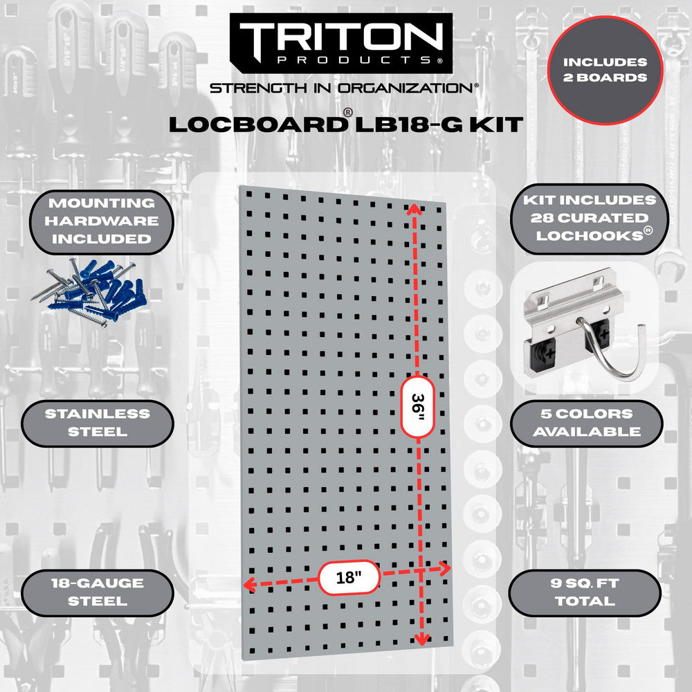 Triton Products LB18-GKit (2) 18" x 36" x 9/16"  Gray Steel Square Hole Pegboards with 30 pc. LocHook Assortment & Hanging Bin System