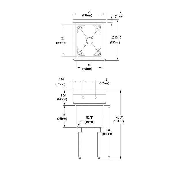 Elkay 14-1C16X20-0X Dependabilt Stainless Steel 21" x 25-13/16" x 43-3/4" 16 Gauge One Compartment Sink with Stainless Steel Legs