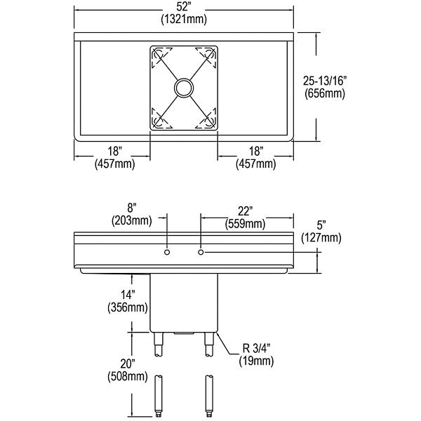 Elkay 14-1C16X20-2-18X Dependabilt Stainless Steel 52" x 25-13/16" x 43-3/4" 16 Gauge One Compartment Sink w/ 18" Left and Right Drainboards and Stainless Steel Legs