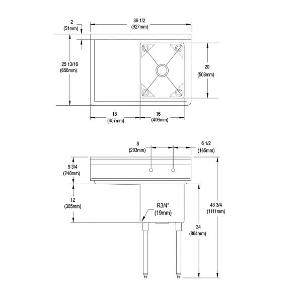 Elkay 14-1C16X20-L-18X Dependabilt Stainless Steel 36-1/2" x 25-13/16" x 43-3/4" 16 Gauge One Compartment Sink w/ 18" Left Drainboard and Stainless Steel Legs