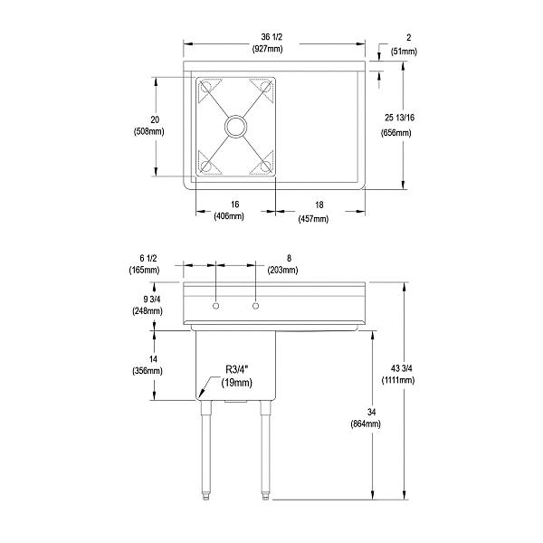 Elkay 14-1C16X20-R-18X Dependabilt Stainless Steel 36-1/2" x 25-13/16" x 43-3/4" 16 Gauge One Compartment Sink w/ 18" Right Drainboard and Stainless Steel Legs
