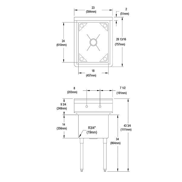 Elkay 14-1C18X24-0X Dependabilt Stainless Steel 23" x 29-13/16" x 43-3/4" 16 Gauge One Compartment Sink with Stainless Steel Legs