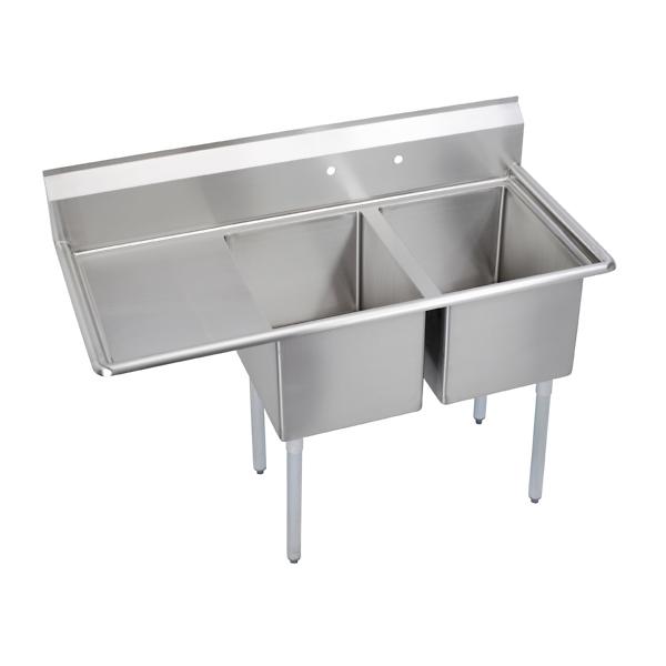 Elkay 14-2C18X24-L-18X Dependabilt Stainless Steel 58-1/2" x 29-13/16" x 43-3/4" 16 Gauge Two Compartment Sink w/ 18" Left Drainboard and Stainless Steel Legs