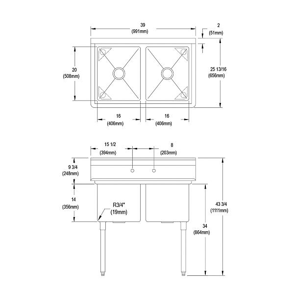 Elkay 14-2C16X20-0X Dependabilt Stainless Steel 39" x 25-13/16" x 43-3/4" 16 Gauge Two Compartment Sink with Stainless Steel Legs