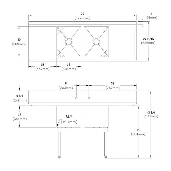 Elkay 14-2C16X20-2-18X Dependabilt Stainless Steel 70" x 25-13/16" x 43-3/4" 16 Gauge Two Compartment Sink w/ 18" Left and Right Drainboards and Stainless Steel Legs