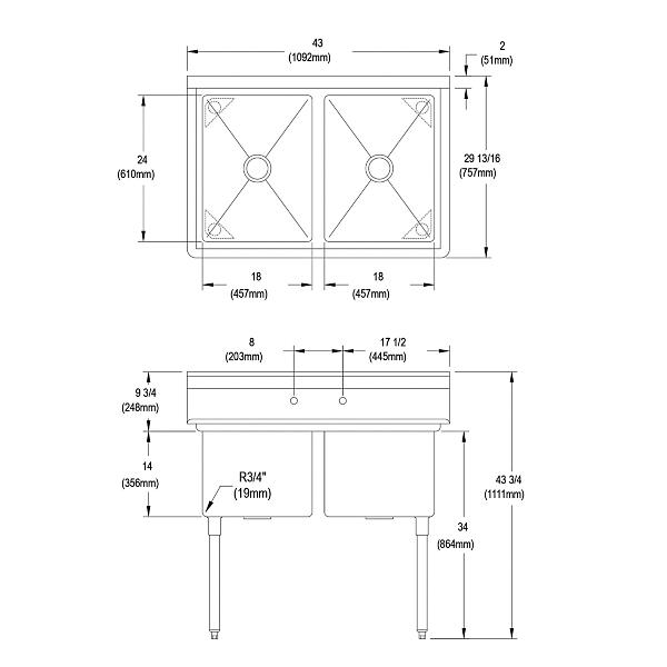 Elkay 14-2C18X24-0X Dependabilt Stainless Steel 43" x 29-13/16" x 43-3/4" 16 Gauge Two Compartment Sink with Stainless Steel Legs