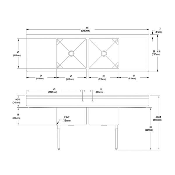Elkay 14-2C24X24-2-24X Dependabilt Stainless Steel 98" x 29-13/16" x 43-3/4" 16 Gauge Two Compartment Sink w/ 24" Left and Right Drainboards and Stainless Steel Legs