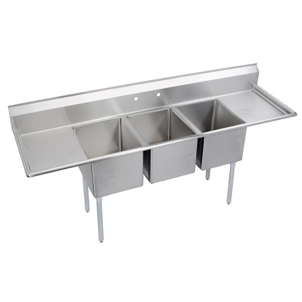 Elkay 14-3C18X24-2-24X Dependabilt Stainless Steel 106" x 29-13/16" x 43-3/4" 16 Gauge Three Compartment Sink w/ 24" Left and Right Drainboards & Stainless Steel Legs