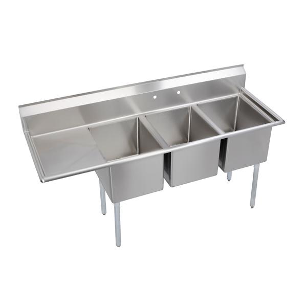 Elkay 14-3C16X20-L-18X Dependabilt Stainless Steel 72-1/2" x 25-13/16" x 43-3/4" 16 Gauge Three Compartment Sink w/ 18" Left Drainboard and Stainless Steel Legs