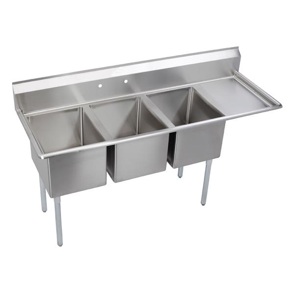 Elkay 14-3C16X20-R-18X Dependabilt Stainless Steel 72-1/2" x 25-13/16" x 43-3/4" 16 Gauge Three Compartment Sink w/ 18" Right Drainboard and Stainless Steel Legs