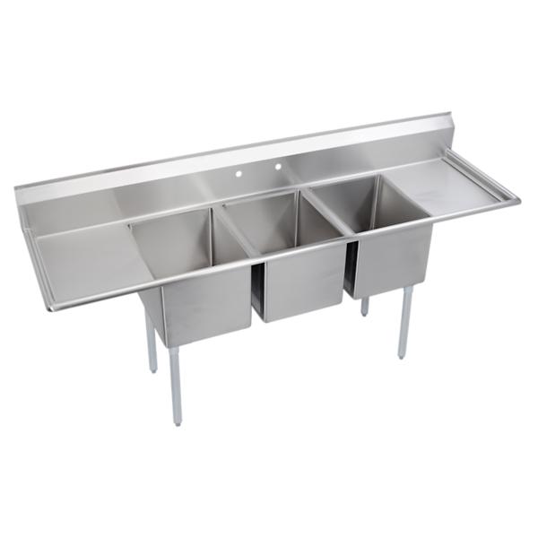Elkay 14-3C16X20-2-18X Dependabilt Stainless Steel 88" x 25-13/16" x 43-3/4" 16 Gauge Three Compartment Sink w/ 18" Left and Right Drainboards and Stainless Steel Legs