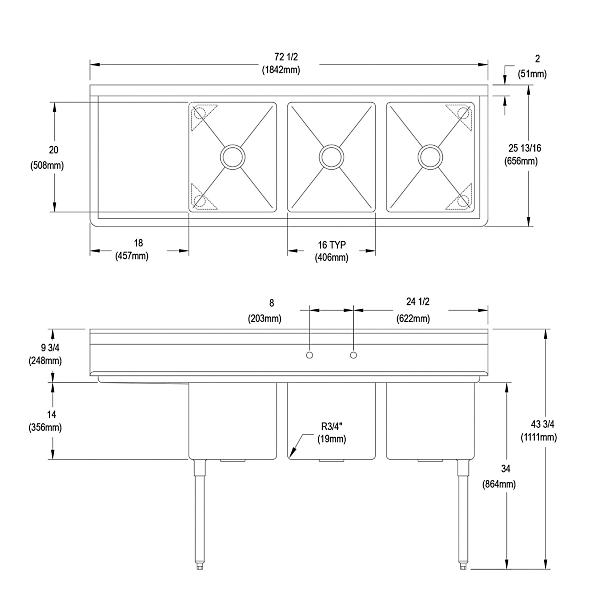Elkay 14-3C16X20-L-18X Dependabilt Stainless Steel 72-1/2" x 25-13/16" x 43-3/4" 16 Gauge Three Compartment Sink w/ 18" Left Drainboard and Stainless Steel Legs