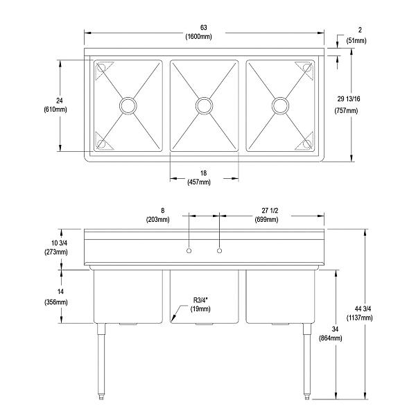 Elkay 14-3C18X24-0X Dependabilt Stainless Steel 63" x 29-13/16" x 44-3/4" 16 Gauge Three Compartment Sink with Stainless Steel Legs
