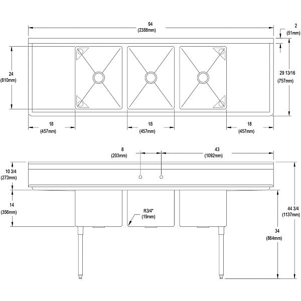 Elkay 14-3C18X24-2-18X Dependabilt Stainless Steel 94" x 29-13/16" x 44-3/4" 16 Gauge Three Compartment Sink w/ 18" Left and Right Drainboards and Stainless Steel Legs