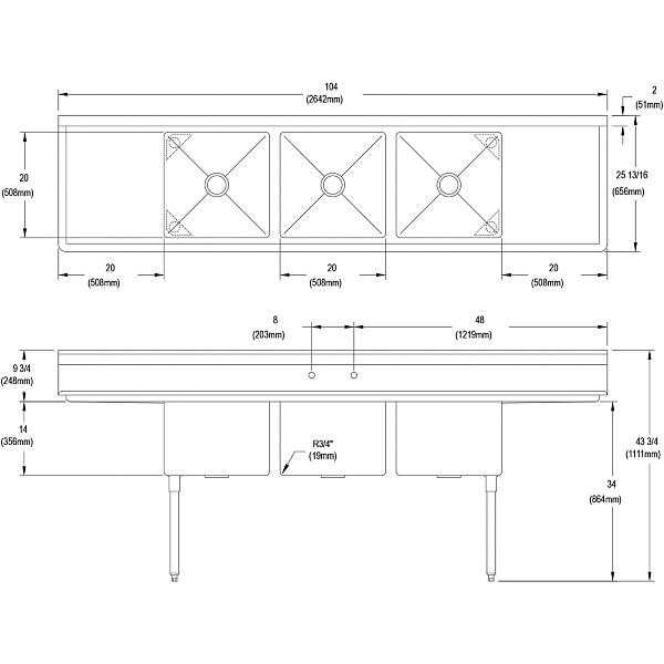 Elkay 14-3C20X20-2-20X Dependabilt Stainless Steel 104" x 25-13/16" x 43-3/4" 16 Gauge Three Compartment Sink w/ 20" Left and Right Drainboards & Stainless Steel Legs